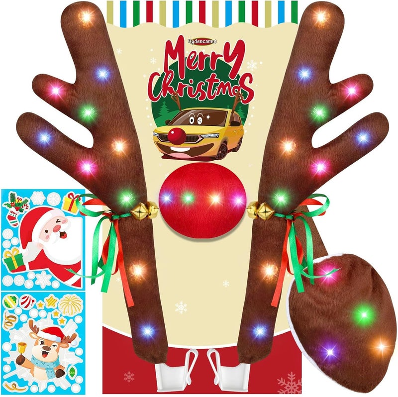 Hydencamm Reindeer Antlers Car with Lights, Car Reindeer Antlers for Car Window Roof-Top & Front Grille with Jingle Bells, Car Antlers and Nose Compatible with Car, SUV, Jeep, Truck - Image 1